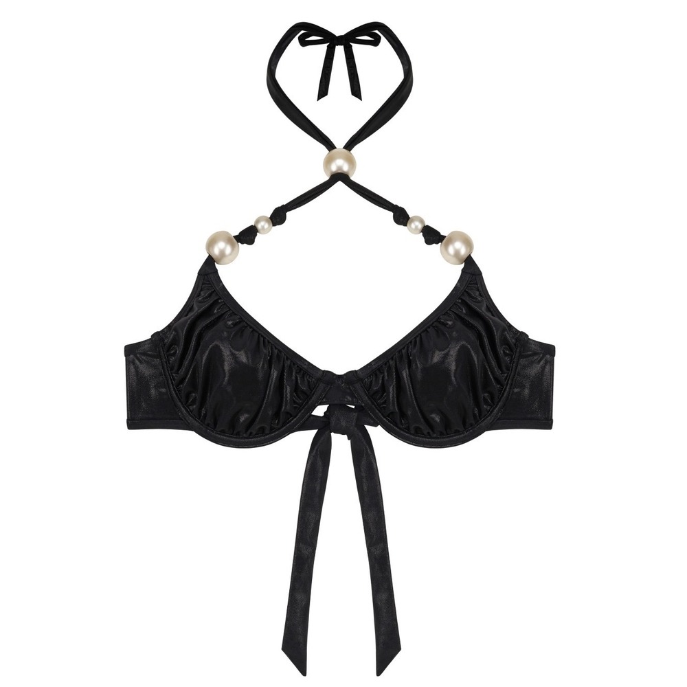 God Save Queens Womens Coralia Pearl Shimmer Underwire Halter Bikini Top Black M